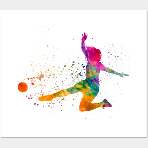 Woman footballer in watercolor Wall Art by PaulrommerArt